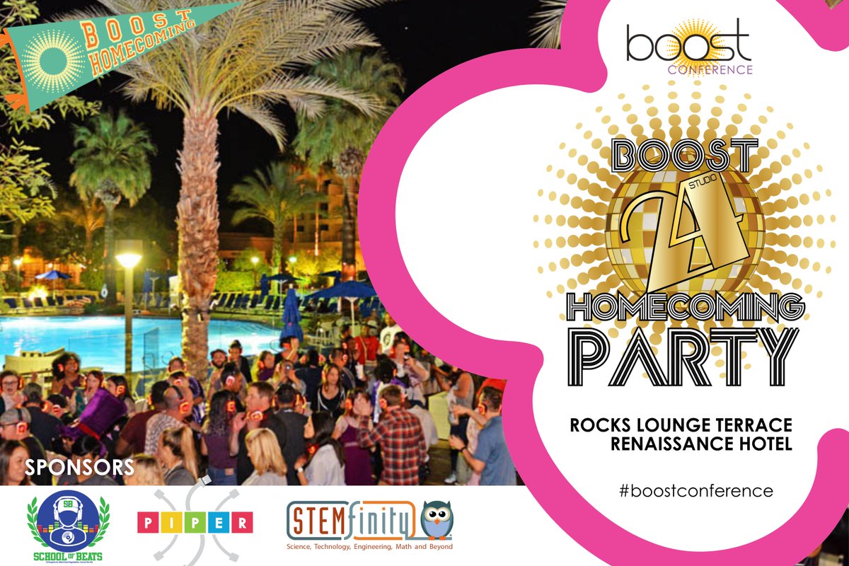 Hop on over to the Renaissance Hotel for our Studio 54-themed BOOST Homecoming party! Join us & our sponsors @School_of_Beats, @StartwithPiper & @STEMfinity as we dance the night away - disco style! See you at 8PM at the Rocks Lounge Terrace in your best outfits. #boostconference
