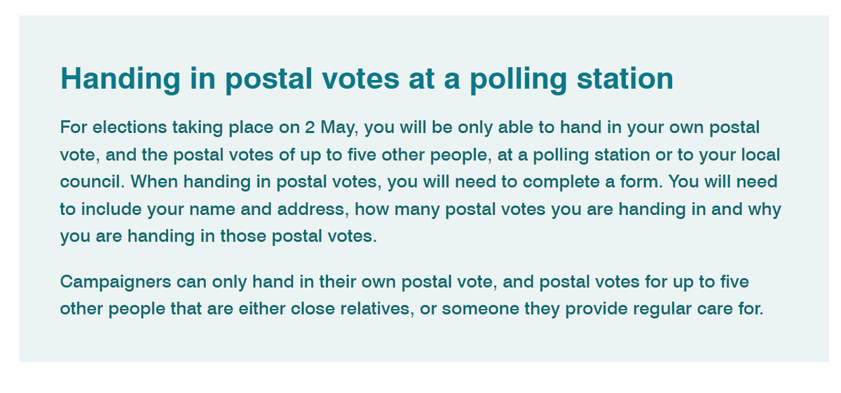 If you still have a postal vote that has not yet been posted: 'For elections taking place on 2 May, you will be only able to hand in your own postal vote, and the postal votes of up to five other people, at a polling station or to your local council.' 🗳️ electoralcommission.org.uk/voting-and-ele…