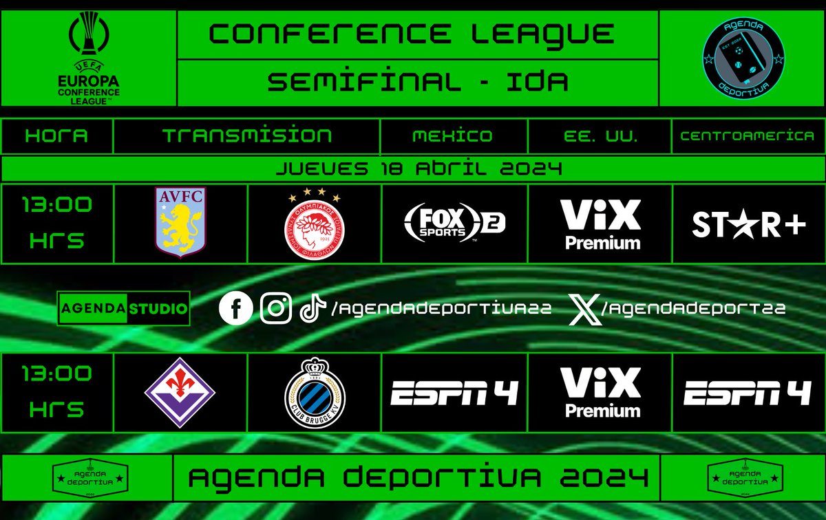 UEFA Europa Conference League
Semifinal - Ida
Transmisión: México, USA y Centroamérica 
⚠️Programación Sujeta a Cambios⚠️
#UEFA
#EuropaConferenceLeague
#AgendaDeportiva