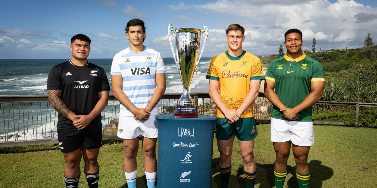 🏉The inaugural @sanzarTRC Under-20 kicks-off this arvo from 4pm at @scstadium  featuring the @RugbyAU U20, @NZRugby U20, Junior @Springboks and @lospumitasarg! FREE ENTRY| Captains | Point Arkwright Lookout, Coolum with the trophy #trainplaystaysunshinecoast #rugbyunion