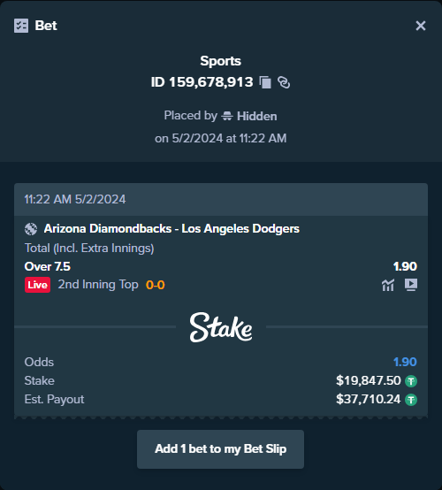 ALERT: New high roller bet posted! A bet has been placed for $19,847.50 on Arizona Diamondbacks - Los Angeles Dodgers to win $37,710.24. To view this bet or copy it stake.com/sports/home?ii…