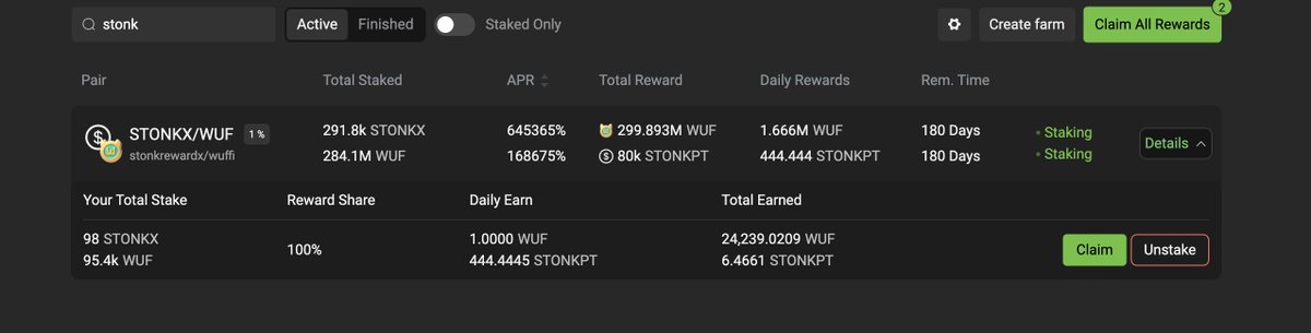 NftStonkers's tweet image. 🚀 Liquidity Program Alert! 🚀

Pool: $STONKX / $WUF

Add liquidity to $STONKX / $WUF &amp;amp; earn @WUFFI_Inu + STONKPT tokens. Over 100% APR currently! 📈

🔗 Add liquidity (alcor.exchange/positions/60258)  &amp;amp; stake at Alcor Farm (alcor.exchange/farm )