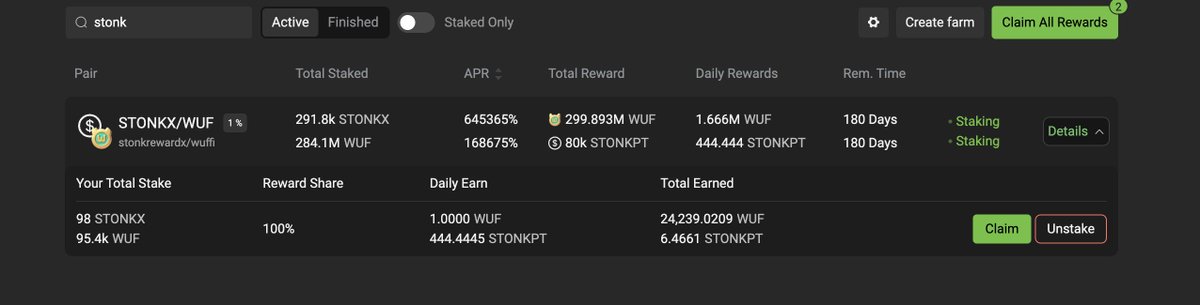 🚀 Liquidity Program Alert! 🚀 Pool: $STONKX / $WUF Add liquidity to $STONKX / $WUF & earn @WUFFI_Inu + STONKPT tokens. Over 100% APR currently! 📈 🔗 Add liquidity (alcor.exchange/positions/60258) & stake at Alcor Farm (alcor.exchange/farm )