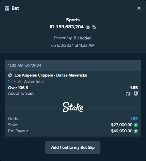ALERT: New high roller bet posted! A bet has been placed for $27,000.00 on LA Clippers - Dallas Mavericks to win $49,950.00. To view this bet or copy it stake.com/sports/home?ii…