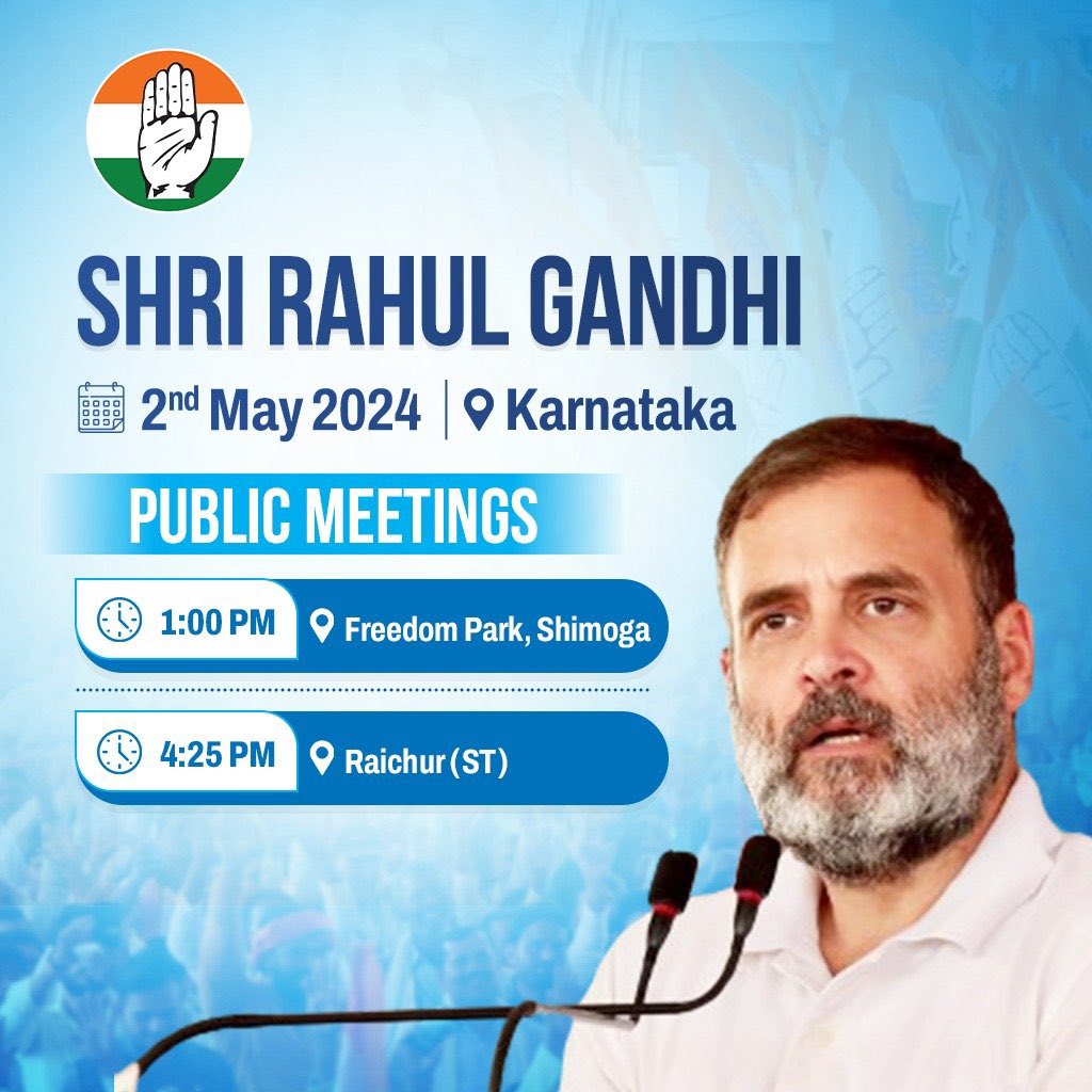 Shri @RahulGandhi is scheduled to attend public meetings in Shimoga & Raichur today. Stay tuned to our social media handles for live updates.   📺 x.com/incindia   📺facebook.com/IndianNational…   📺 youtube.com/user/indiacong…