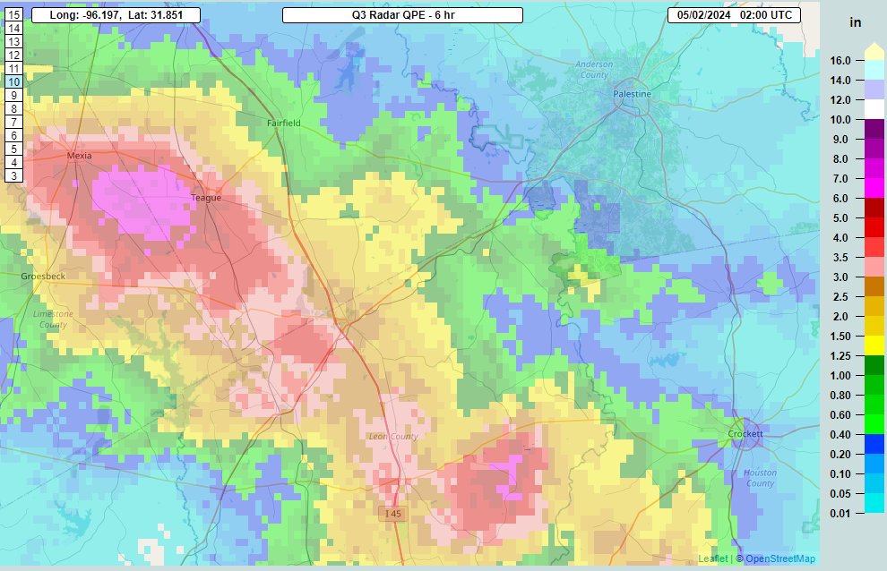 6 hour radar estimated rain totals upwards of 6-7' now in parts of Leon, Limestone, and Freestone Counties north of Huntsville.