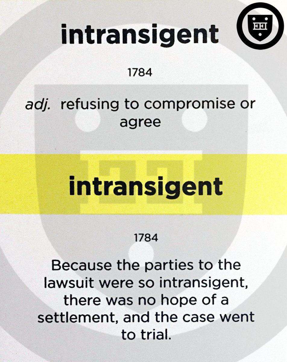 Intransigent [ in-TRAN-si-juhnt ] (adj.) refusing to compromise or agree #vocabulary #WordoftheDay