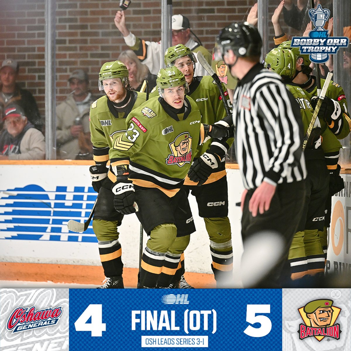The @OHLBattalion scored late in the third and capitalized in overtime to force Game Five in Oshawa! Sandis Vilmanis (#TimeToHunt) scored twice and added two assists to help the Battalion earn their first victory of the series. #OHLPlayoffs | #OSHvsNB