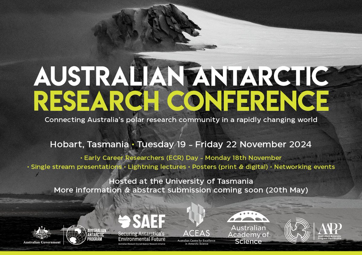 Hello Australian Antarctic research community! 🗓️ Save the dates for a national conference at @UTAS_ in November. More details soon.