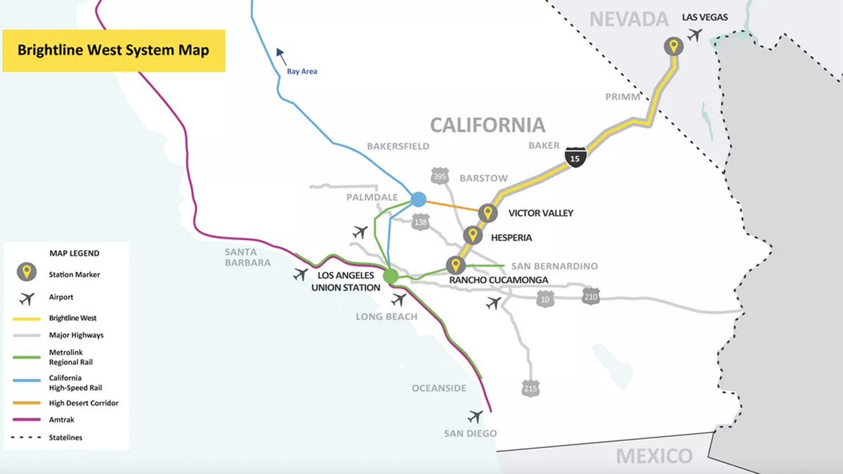 1/ Thread: Need for speed: a high-speed rail era which shows America's undercapacity. Construction for the would be first high-speed rail line in the US began last week. The 350-kilometre Brightline West rail line - as planned - will connect US city of Los Angeles to Nevada city.