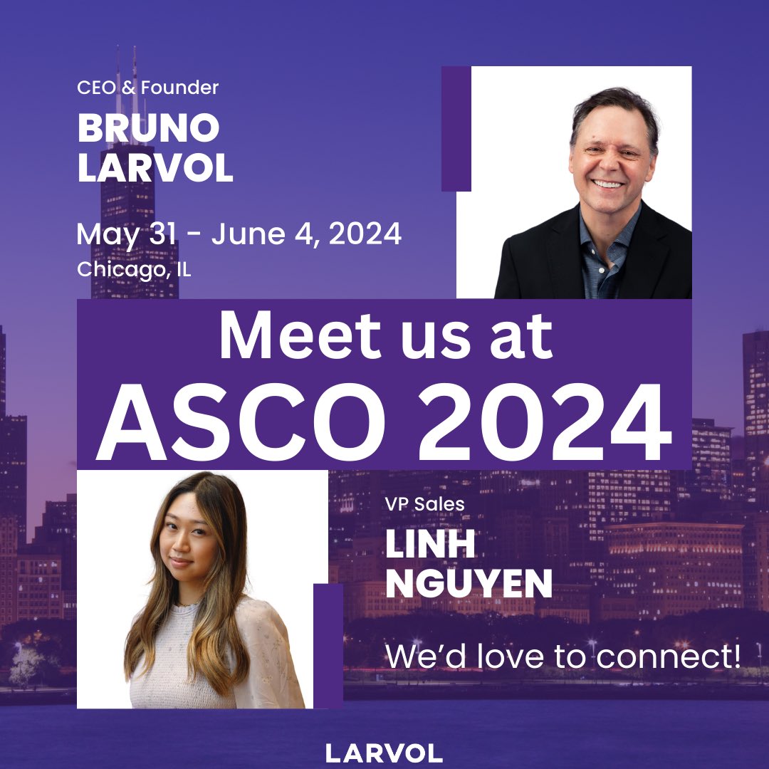 Team LARVOL is excited to be at @ASCO 2024 in Chicago from May 31 - June 4! 🏙️ Join our CEO, @brunolarvol, and VP Sales, @linhinVR there! We look forward to connecting with you there! Let's meet up – reach out to schedule a chat! #ASCO24 #Oncology #CancerResearch #LARVOL