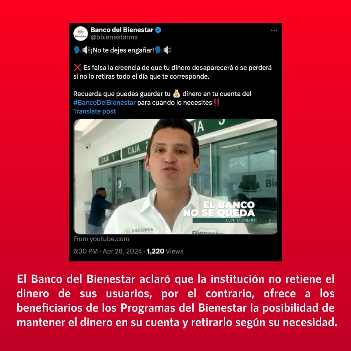 ❌Falso que el #BancoDelBienestar se queda el dinero, sí el beneficiario “no retira el dinero el día que le toca”

✅El @bbienestarmx aclaró que los usuarios pueden mantener el dinero en su cuenta y retirarlo según su necesidad

➡️infodemia.mx/entrada/5435