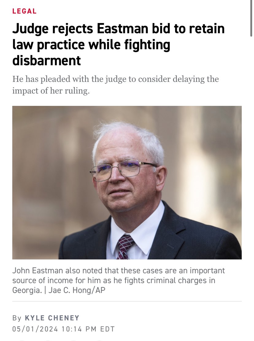 NEW: The judge’s order could force Eastman out of several ongoing cases, including a California lawsuit brought by MTG and Matt Gaetz. It also deprives Eastman of a key income source as he fights criminal cases in two states. 

politico.com/news/2024/05/0…