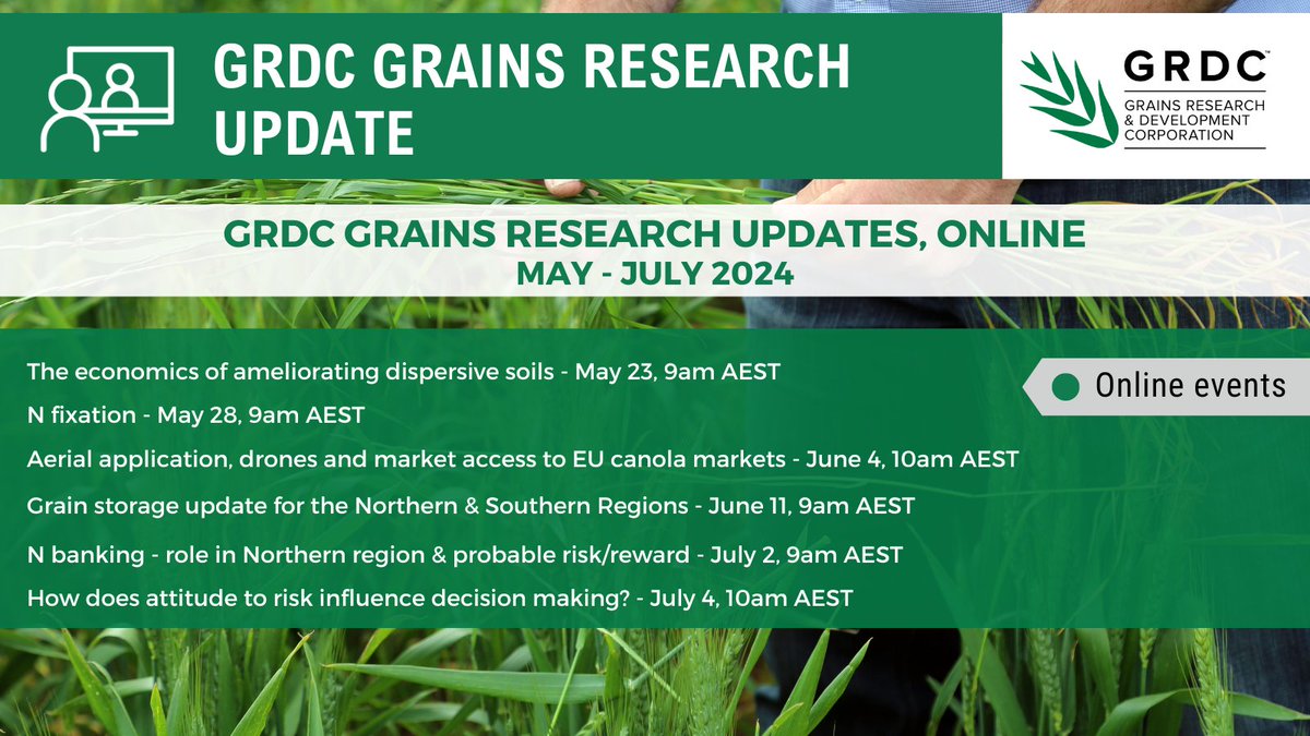 GRDC North (@grdcnorth) on Twitter photo GRDC Grains Research Update webinars are happening over the next few months. Awesome line up of topics and speakers. Full info and registration at grdc.com.au/events/list
#GRDCUpdates GRDC Grains Research Update webinars are happening over the next few months. Awesome line up of topics and speakers. Full info and registration at grdc.com.au/events/list
#GRDCUpdates