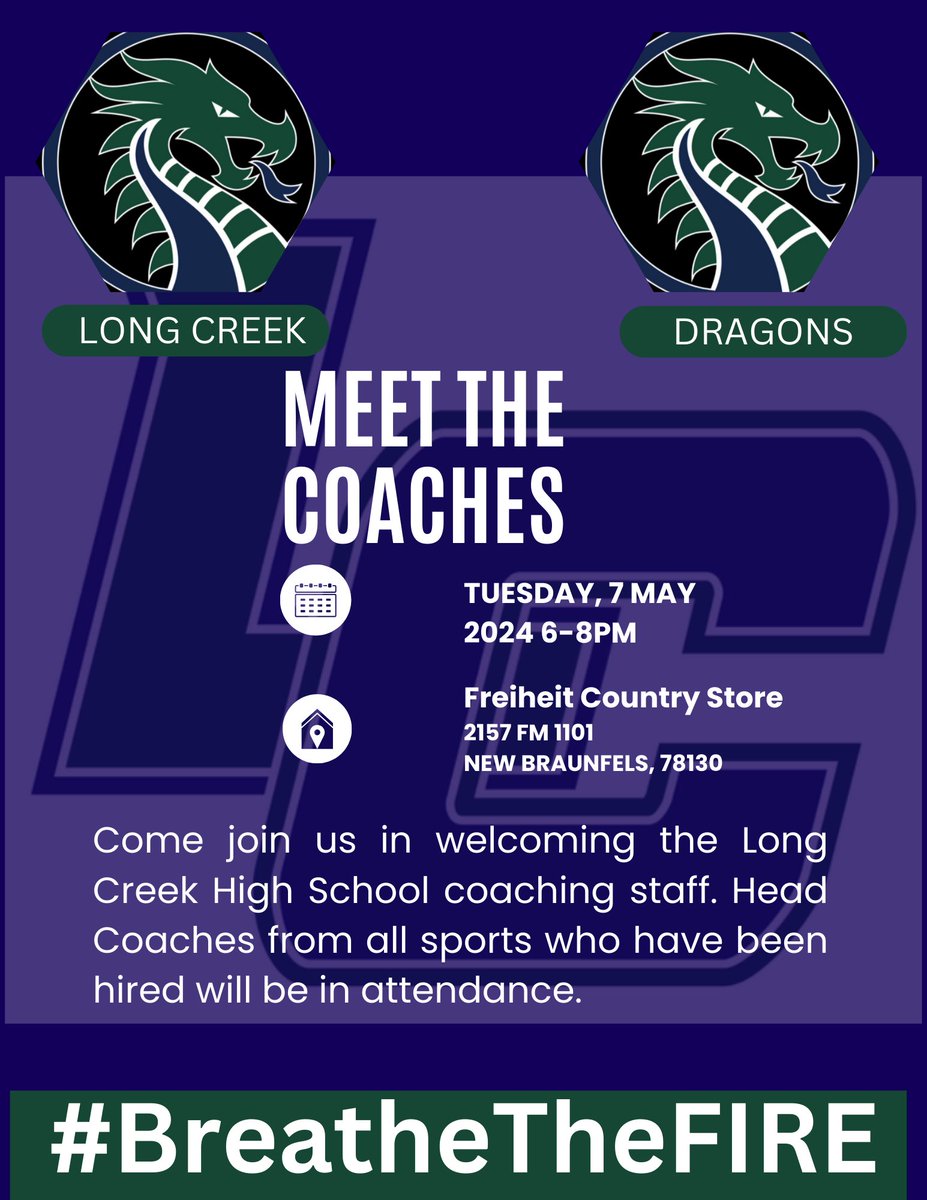 Calling all Dragon parents, students, and community members! Feel free to stop by Freiheit Country Store, Tuesday May 7, to welcome and visit with the ELITE coaches that will help this town #BreatheTheFire 🔥🐉 @coach_harvey18 @CoachWertz12 @BigTimeJohnson