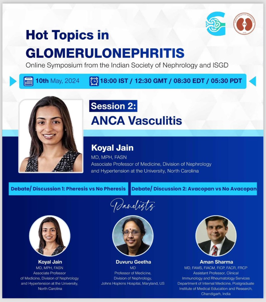 Hot Topics in Glomerulonephritis. Session 2: ANCA Vasculitis Register here 👉 us06web.zoom.us/webinar/regist…