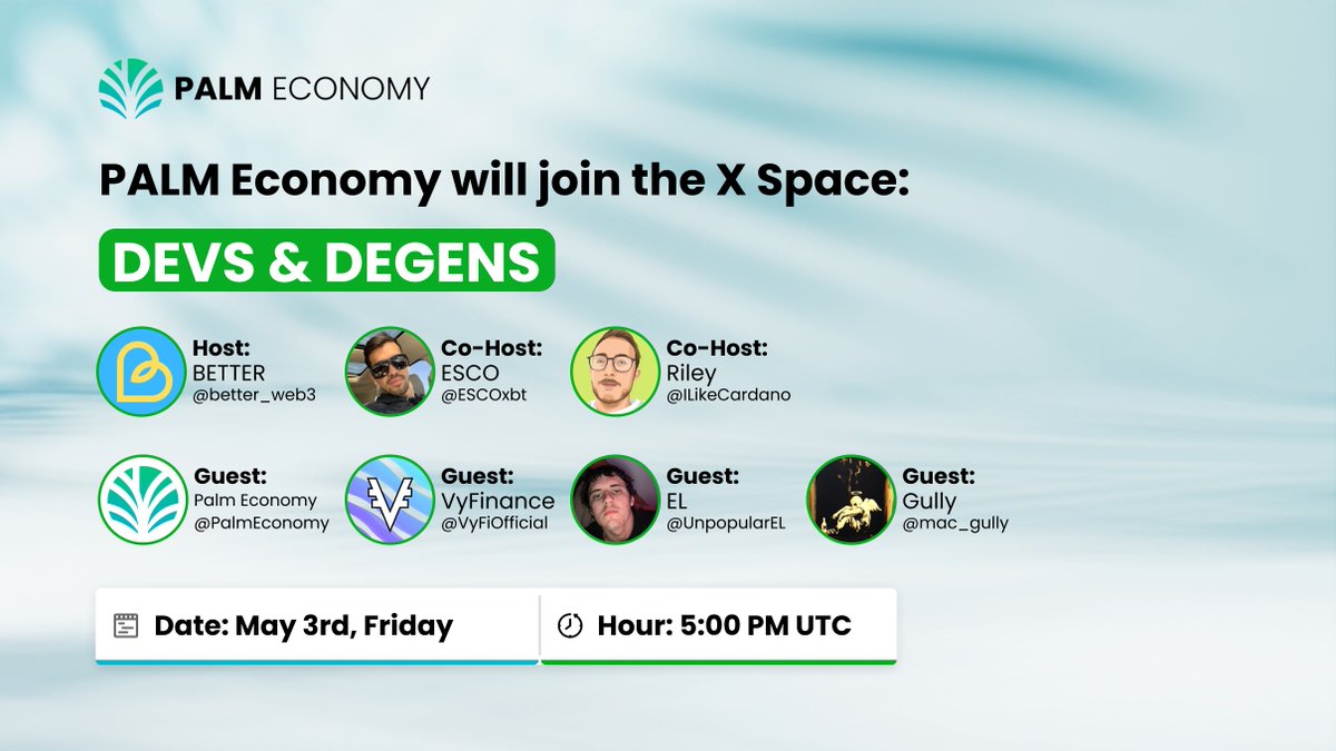 Tune in this Friday as we’re special guests on the Devs and Degens X Space 📻 Learn about VyFi, the Palm Economy, our future plans and how anybody can participate! 🗓️ Friday 5 PM UTC Set your reminder below 👇