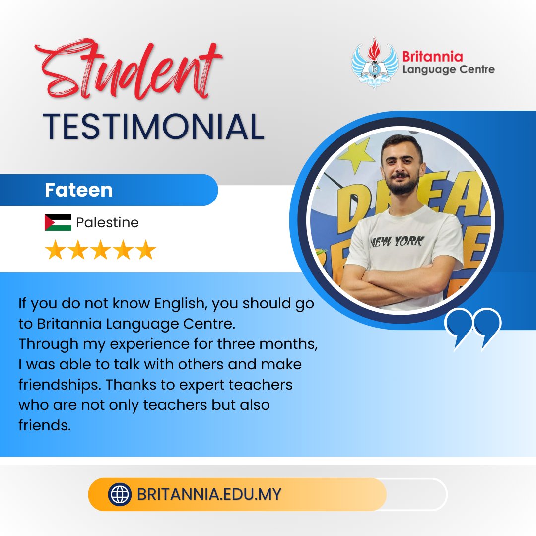 Our delighted student Fateen from Palestine shares his positive experience at Britannia.
Join him in enhancing your English skills at Britannia.🇲🇾📚
Follow 👉@britannialckl 
#testemonial #positivefeedback #languagemastery #learningjourney #studenttestimonial #studentexperience #e