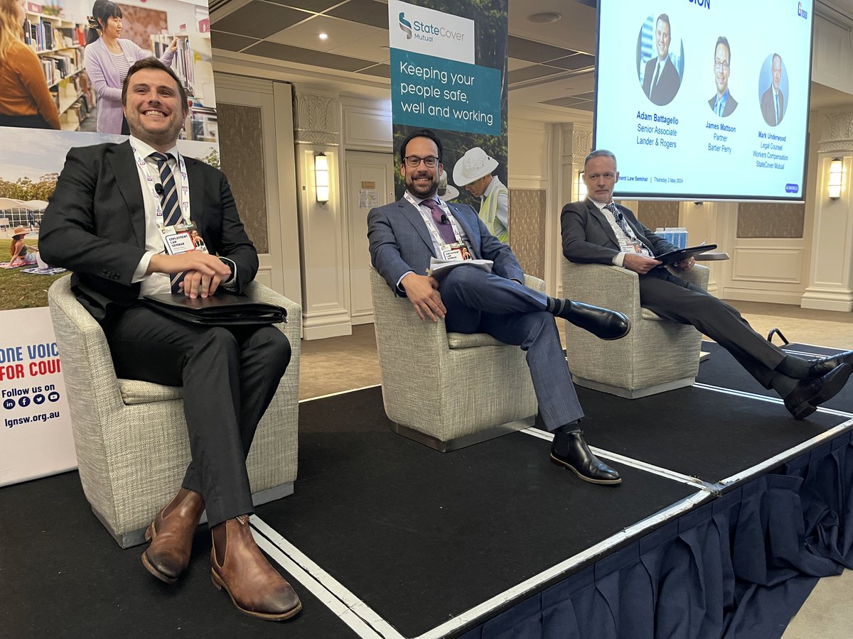 A very informative and interesting panel session on psychosocial health and local government, including WHS risks created by HR. Thanks to Adam Battagello (Lander & Rogers), James Mattson (@BartierPerryLaw), and Mark Underwood (Statecover Mutual Limited). #LGNSW #LGNSWELS24