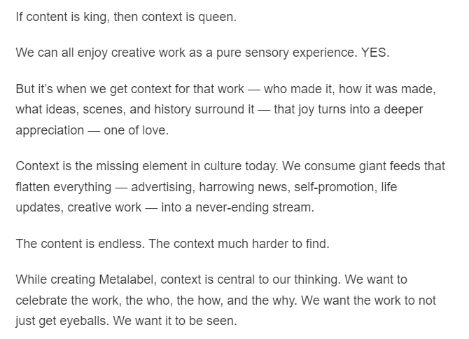 Fire words from @ystrickler of @metalabel_ ⬇️   

Context is queen, context wants to be seen.  

Context is the oft-forgotten pillar of culture, all the more so in the digital realm characterised by volatility and ephemerality.