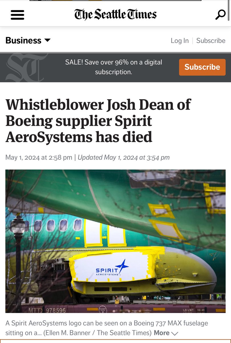 Yet another Boeing whistleblower has died. “Dean became ill and went to the hospital because he was having trouble breathing just over two weeks ago. He was intubated and developed pneumonia and then a serious bacterial infection, MRSA.” “He was 45, had been in good health and…