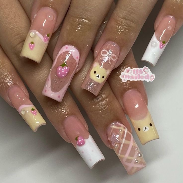 strawberry kkuma nails!! so cute