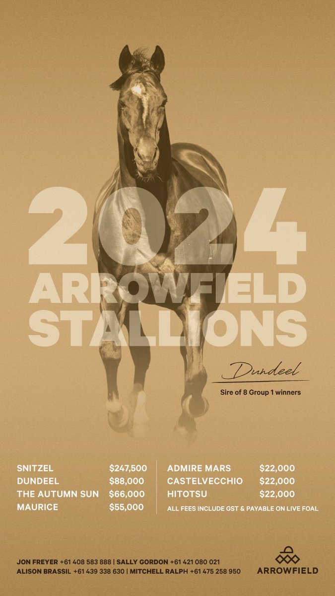 2024 @ArrowfieldStud Stallions 🟡 Snitzel, $247,500 🟡 Dundeel, $88,000 🟡 The Autumn Sun, $66,000 🟡 Maurice, $55,000 📲 @jonfreyer +61 408 583 888 📲 @sallyegordon +61 421 080 021 📲 @Mitchellgralph +61 475 258 950 ➡️ arrowfield.com.au/news/arrowfiel…