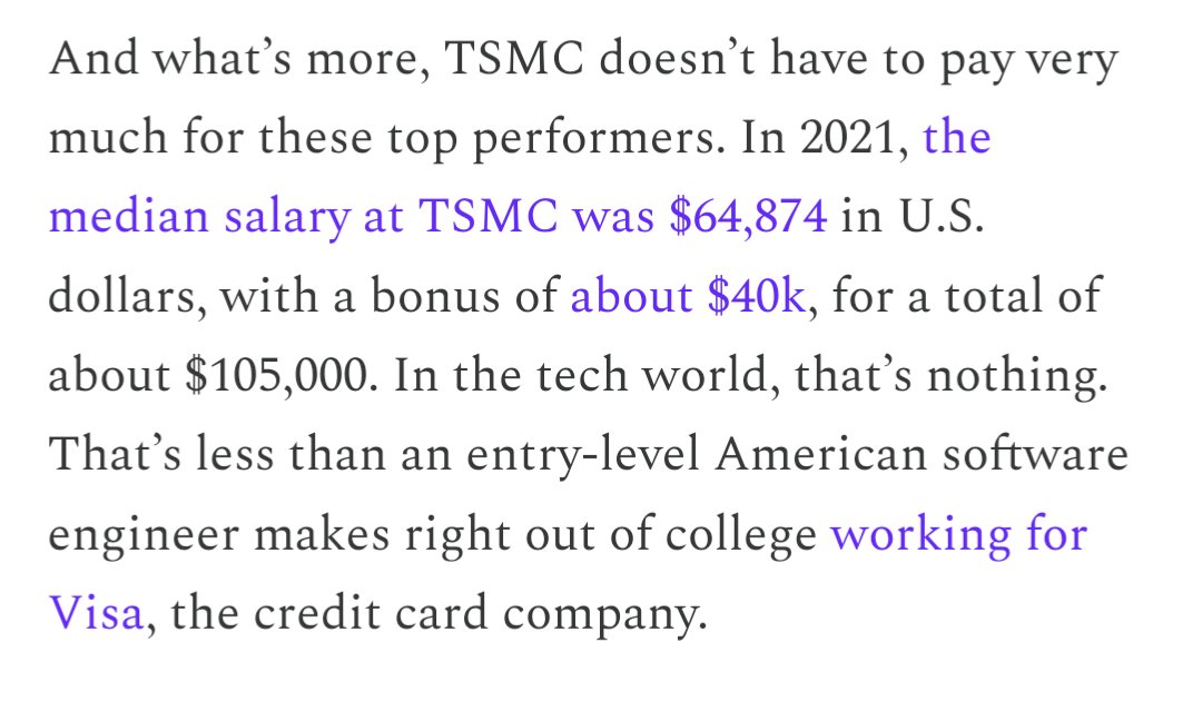 The median compensation at Taiwan's best company -- the world's most advanced chipmaker -- is less than a U.S. college grad will make at a coding job for Visa, the credit card company.