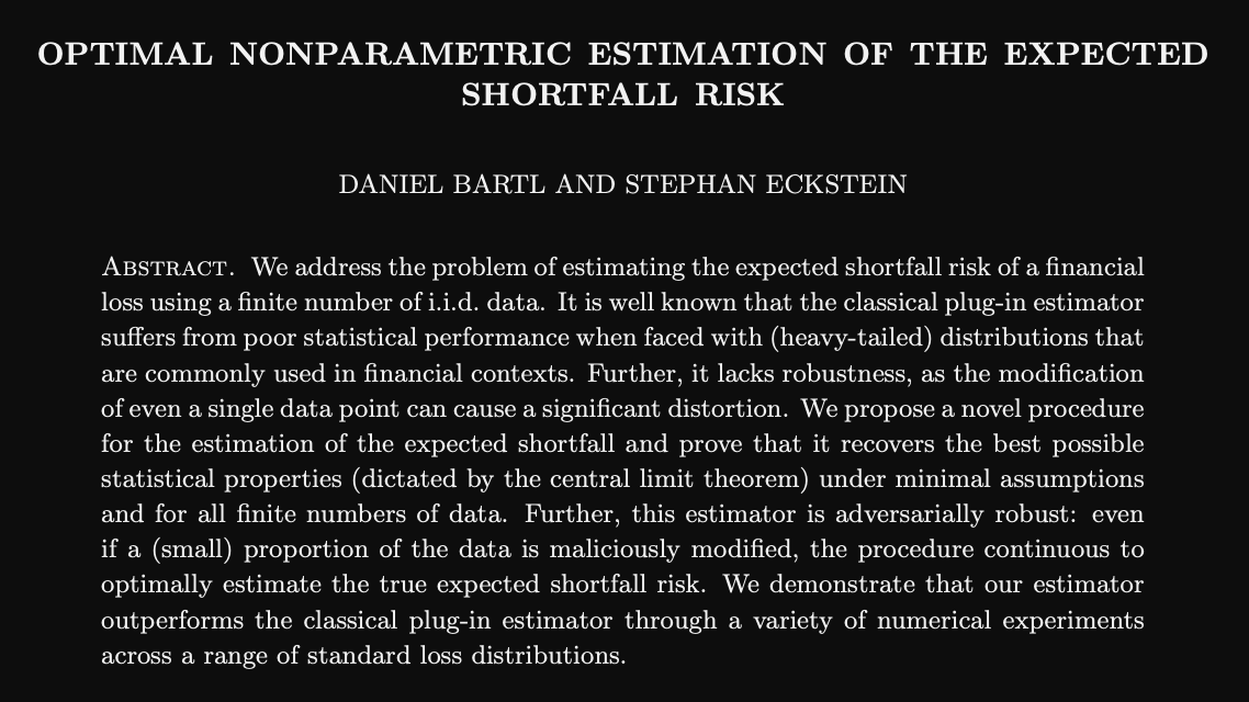 'We address the problem of estimating the expected shortfall risk of a financial loss using a finite number of i.i.d. data.' 1/5