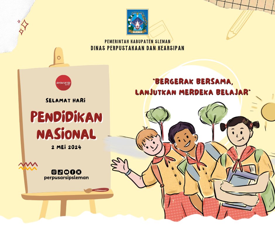 perpusip_sleman's tweet photo. Bergerak bersama, lanjutkan merdeka belajar.
Selamat memperingati hari pendidikan nasional 2 Mei 2024 https://t.co/ujDXCGQi03
