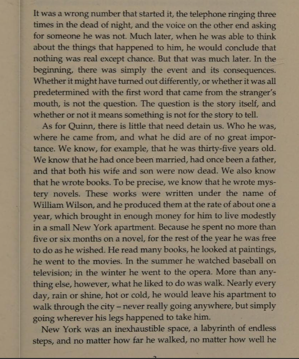 First page of Paul Auster's 'New York Trilogy/City of Glass': absolutely the stuff I was drunk on when I first moved to town (and still am).