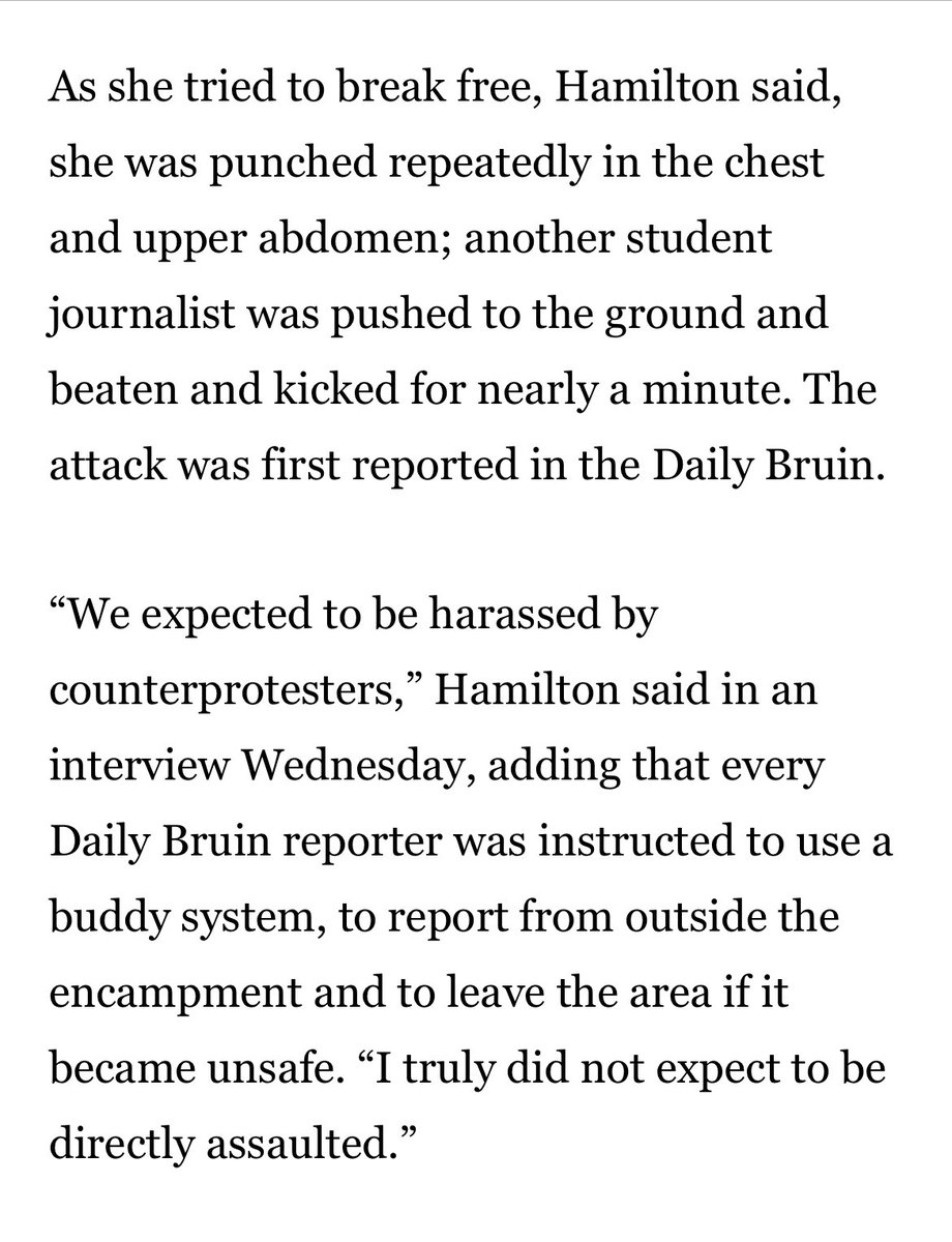 A UCLA editor who was attacked while covering the protests “believed her identity as a journalist would have prevented her from being assaulted. “Instead, it made her a target.” latimes.com/california/sto…