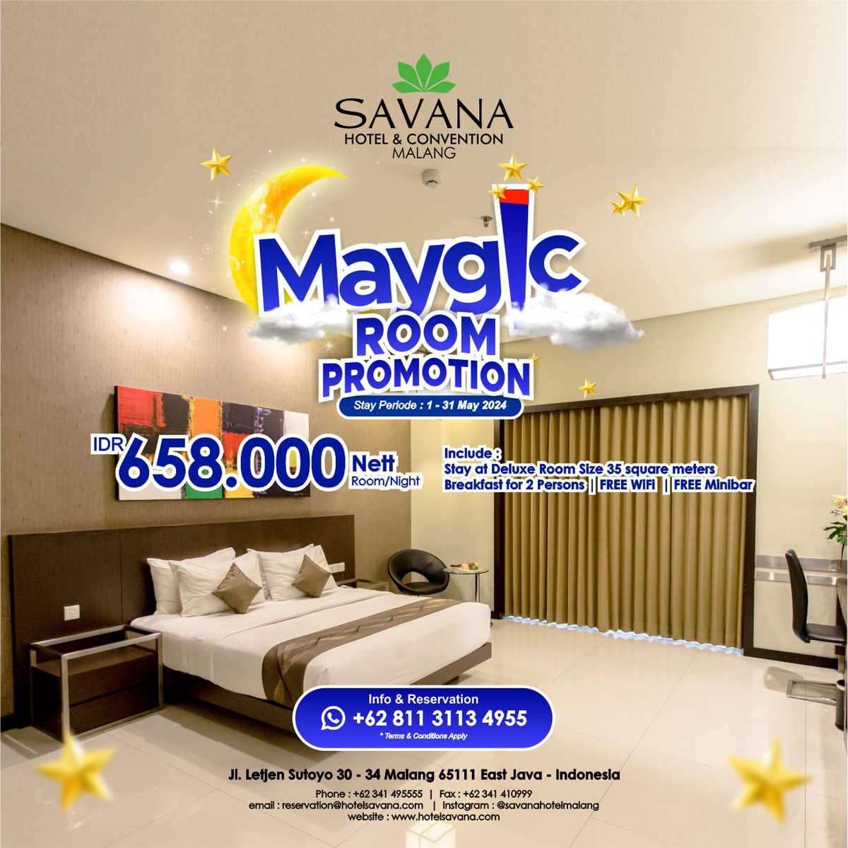 Make your May feel special with Maygic Room Promotion.

IDR 658.000,- Nett/Room/Night.
Include: Stay at Deluxe Room | Breakfast for 2 persons | Free Wifi | Free Minibar.

Info & Reservation
☎️(0341) 495555
📱0811-3113-4955

#MayDay2024 #promotwt #hotelroom #hotellife #Malang