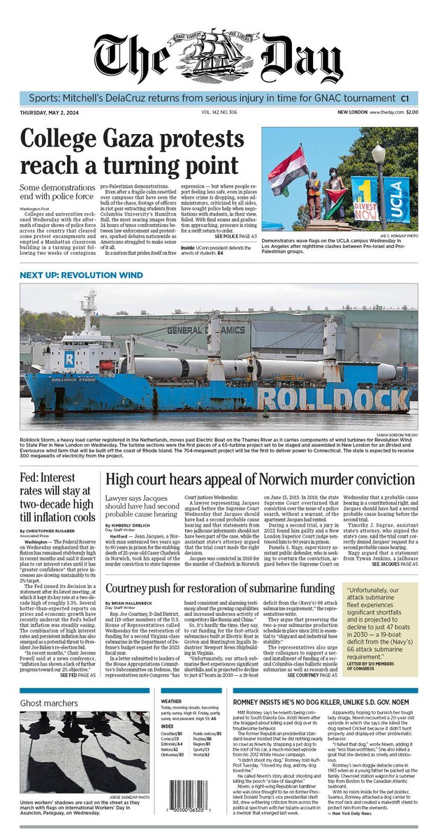 Thursday's front page: First parts arrive in #NewLondon for the next offshore wind project. theday.com