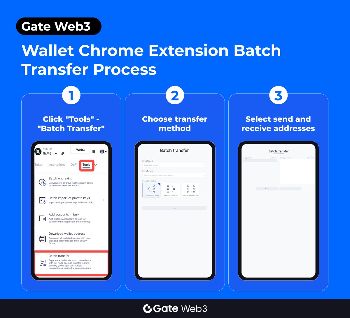 📣 #GateWeb3Wallet Upgraded🎉

💻 Chrome Extension supports #BatchTransfer ！

🤔Batch Transfer only takes 3 steps👇 

#GateWeb3 #BatchTransfer