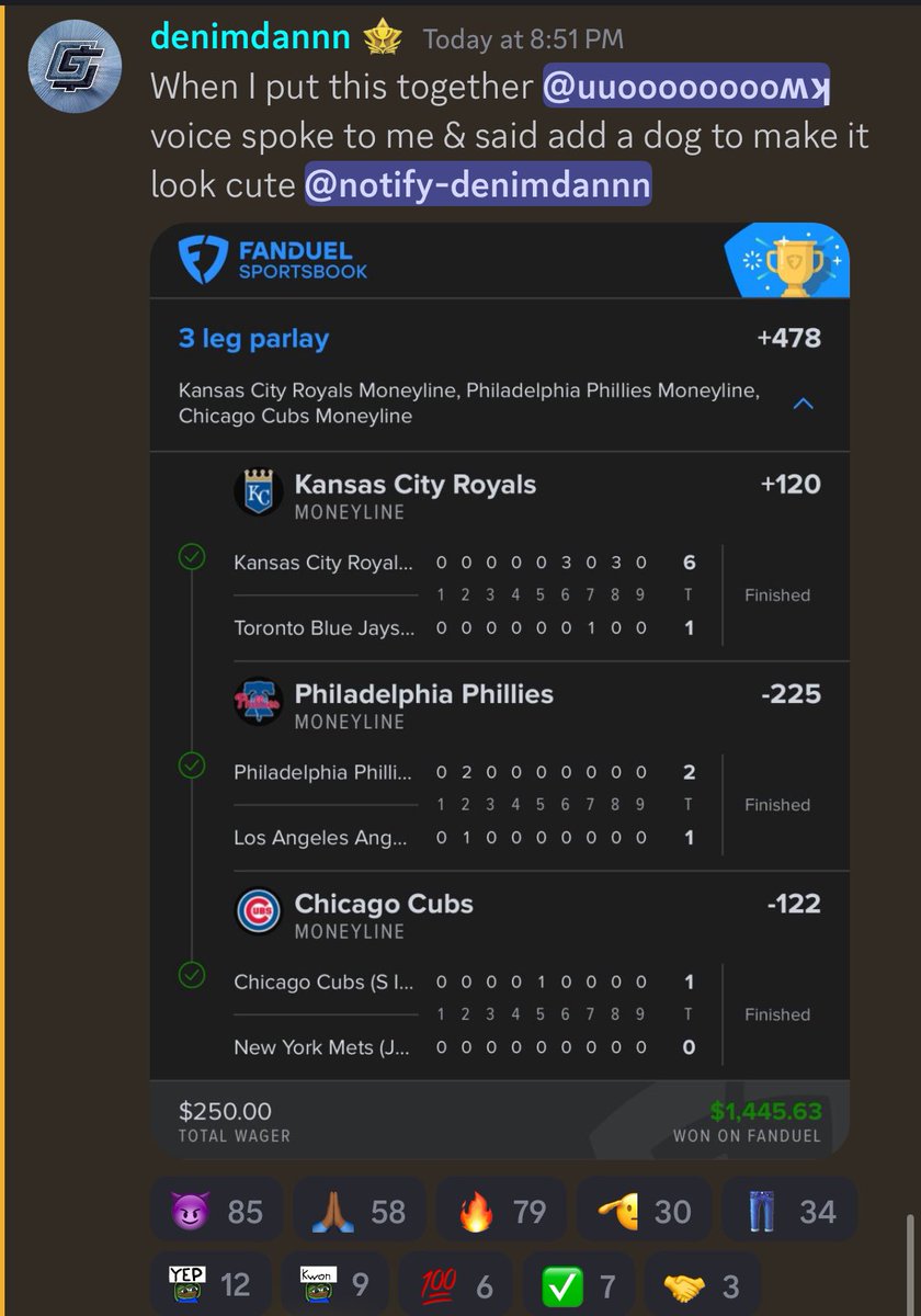 Cash this MLB Parlay from @denimdannnnn ⚾️⚾️ $250 ➡️ $1,445.63 💰💰 Posted in the discord ➡️ GoldBoys.com