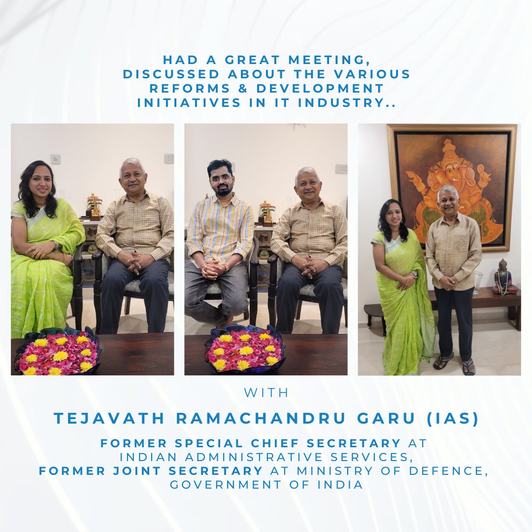 Grateful for the opportunity to exchange ideas and strategies with Tejavath Ramachandru Garu (IAS) on propelling the IT industry forward.

#Collaboration #PositiveChange #Empowerment #Inclusivity #TechnologyForGood #EconomicGrowth #InnovationCulture #Entrepreneurship