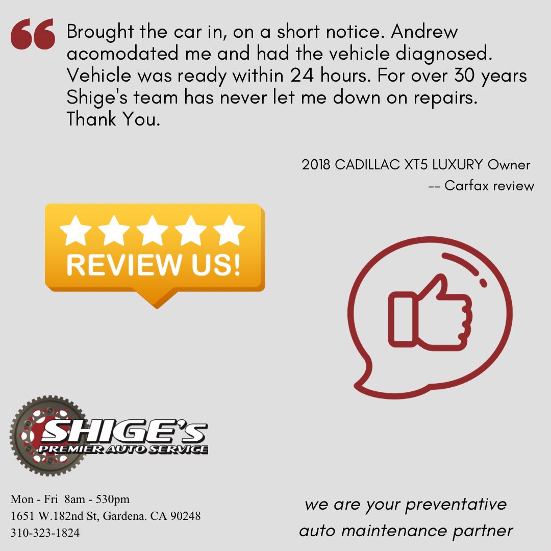 So grateful for your kind words and continued trust! We're incredibly proud of our team's dedication to getting you back on the road quickly. Thank you for choosing Shige's! 🙏 
shigespremier.com #CustomerExperience #autorepair #WednesdayFeeling #southbayLA