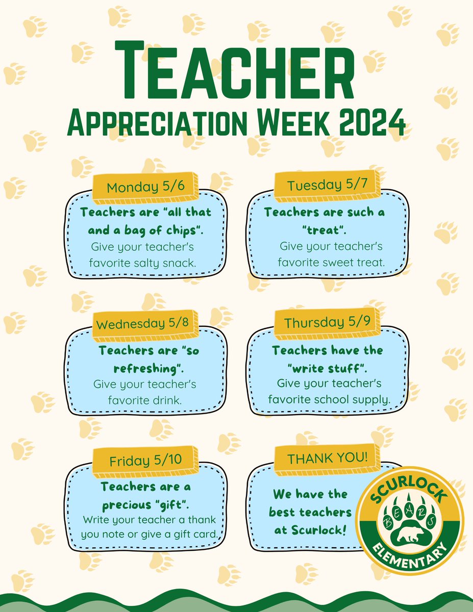 Teacher Appreciation Week is the week of May 6th-10th and we wanted to celebrate our teachers through a series of things. We need your help. Let's shower them with gifts to show them how much they are appreciated. #everyjourneyhasagreatstory