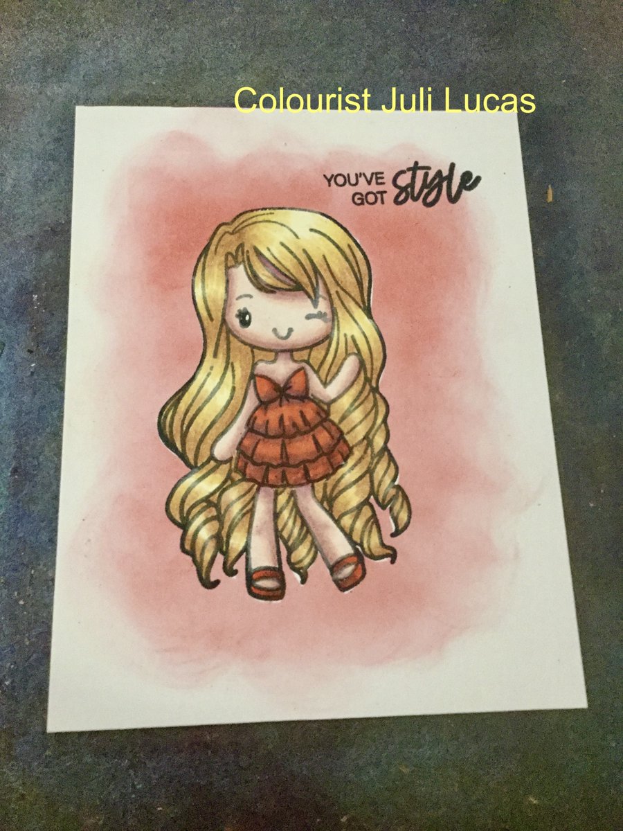 This is the new 'Miss Anya Style' from the Greeting Farm! I used Prismacolor pencils and Distress Ink.