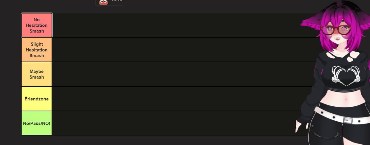 Hey hey everyone it's time to try something interesting!! I'm gonna be doing a VTuber Smash or Pass! Drop your images below and I'll rate them on this Smash or Pass board!! Don't be afraid to drop any image that represents you I'll include those as well!!

twitch.tv/vettyvr