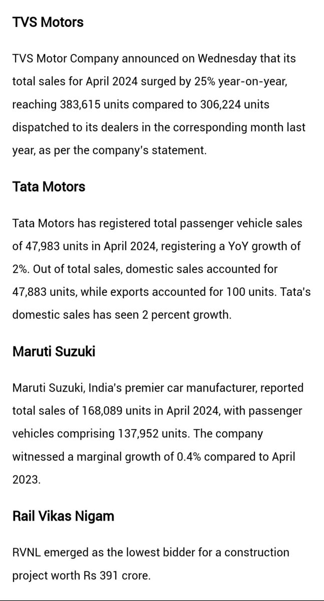 Stocks to watch for today. #TVS #TVSMotors #TataMotors #Maruti #Tata #MarutiSuzuki #RVNL #StocksInNews #StocksInFocus