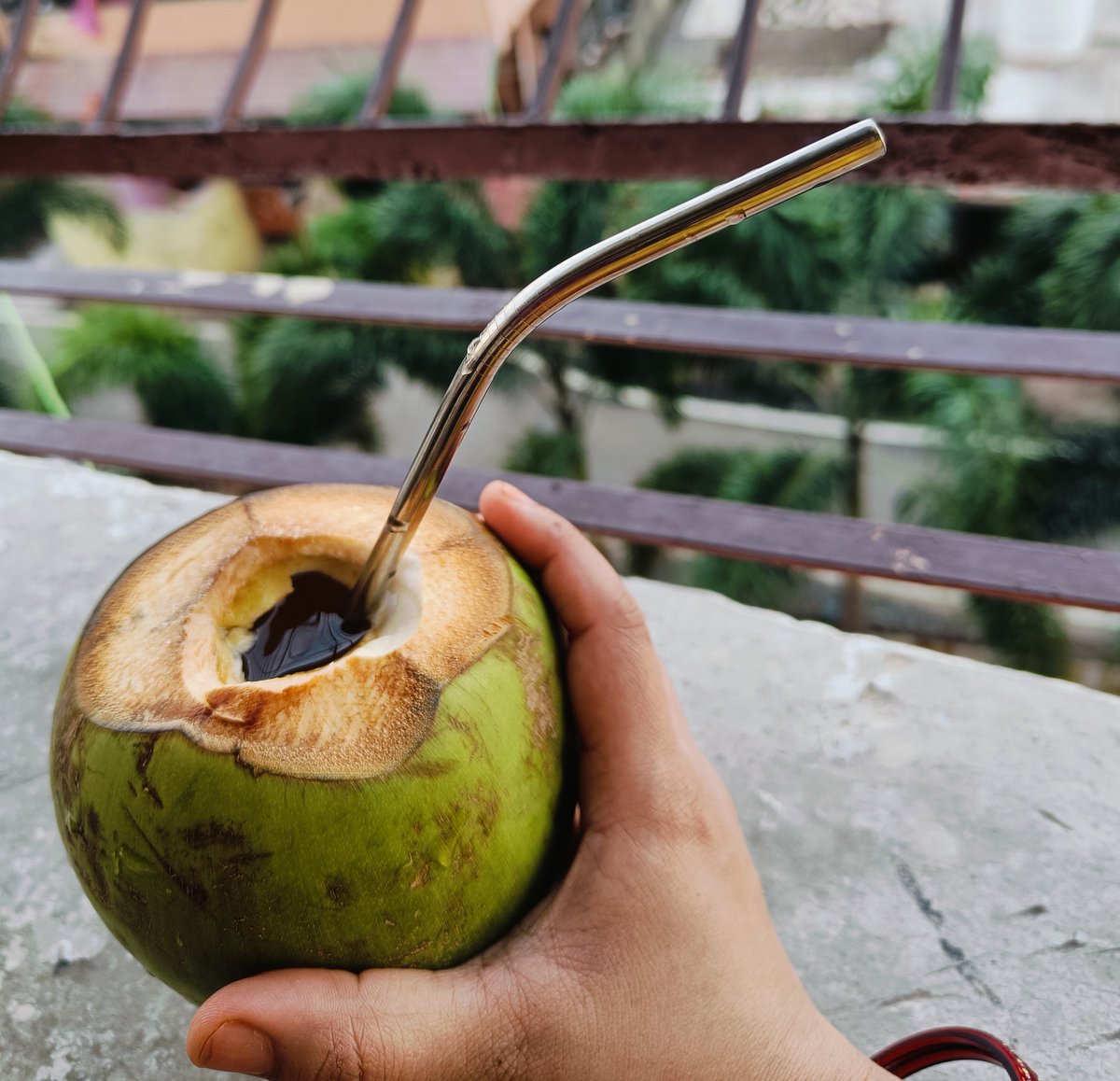 Steel straw because we should stop using plastic straws. 
#saynotoplastic 
#coconutwater 
#healthymorning