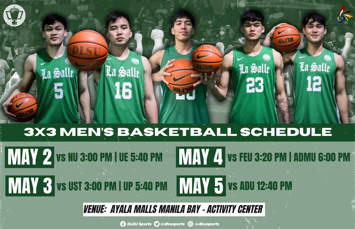 TRIPLE THREAT 🔥

The DLSU Green Archers are back to defend the throne in the #UAAPSeason86 3x3 Men's Basketball Tournament! 

#FuelingTheFuture #GreenAllIn4TheWin #GoLaSalle #AnimoLaSalle #DLSUSports