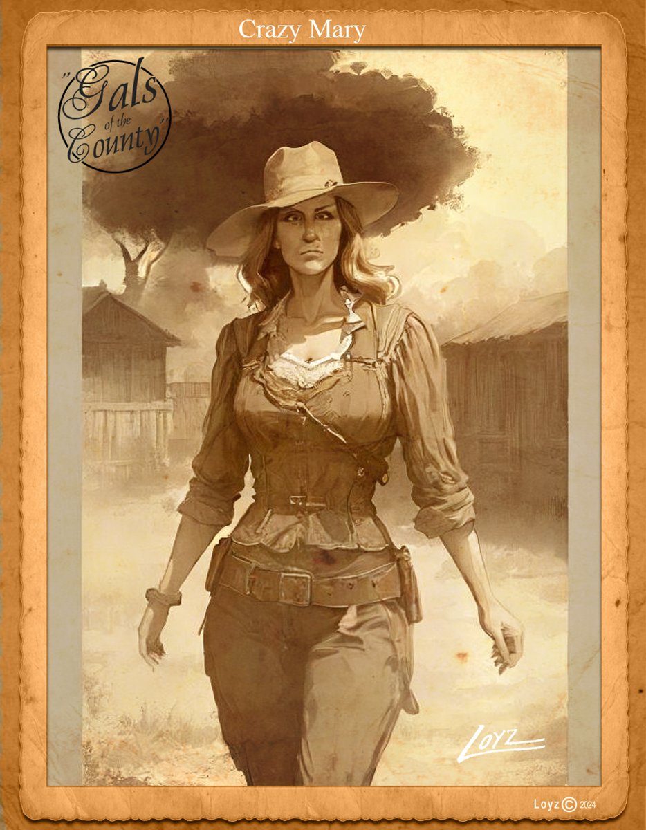 'From my Mr. Loyz storie portfolio, using story / scenario and and presise visual promts / images references, I generate those '' Galls of the County '' illustrations with A.I.' #MrLoyzStorie #pinup #CrazyMary #AIillustration #OldWest #countygalls #graphicdesign
