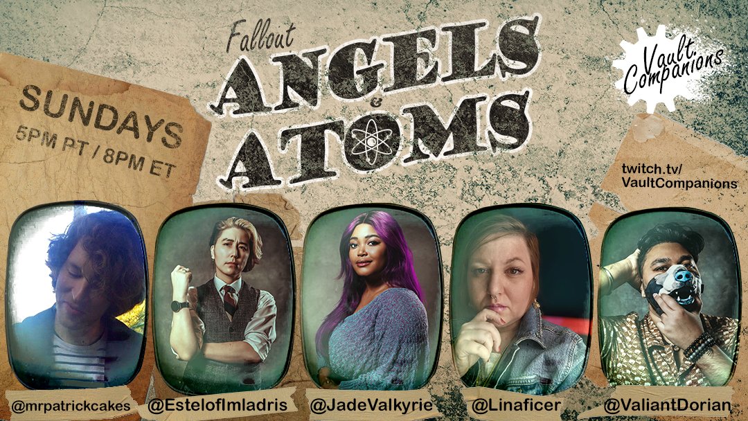 ⚛️ 𝘞𝘢𝘳 𝘕𝘦𝘷𝘦𝘳 𝘊𝘩𝘢𝘯𝘨𝘦𝘴 ⚛️ Join us for the PREMIERE of Angels & Atoms, an actual play using the official Fallout TTRPG system from @Modiphius on Sunday, 5/5 at 5PM PT/8PM ET on the new Vault Companions Twitch Channel! #ttrpg #fallout #actualplay