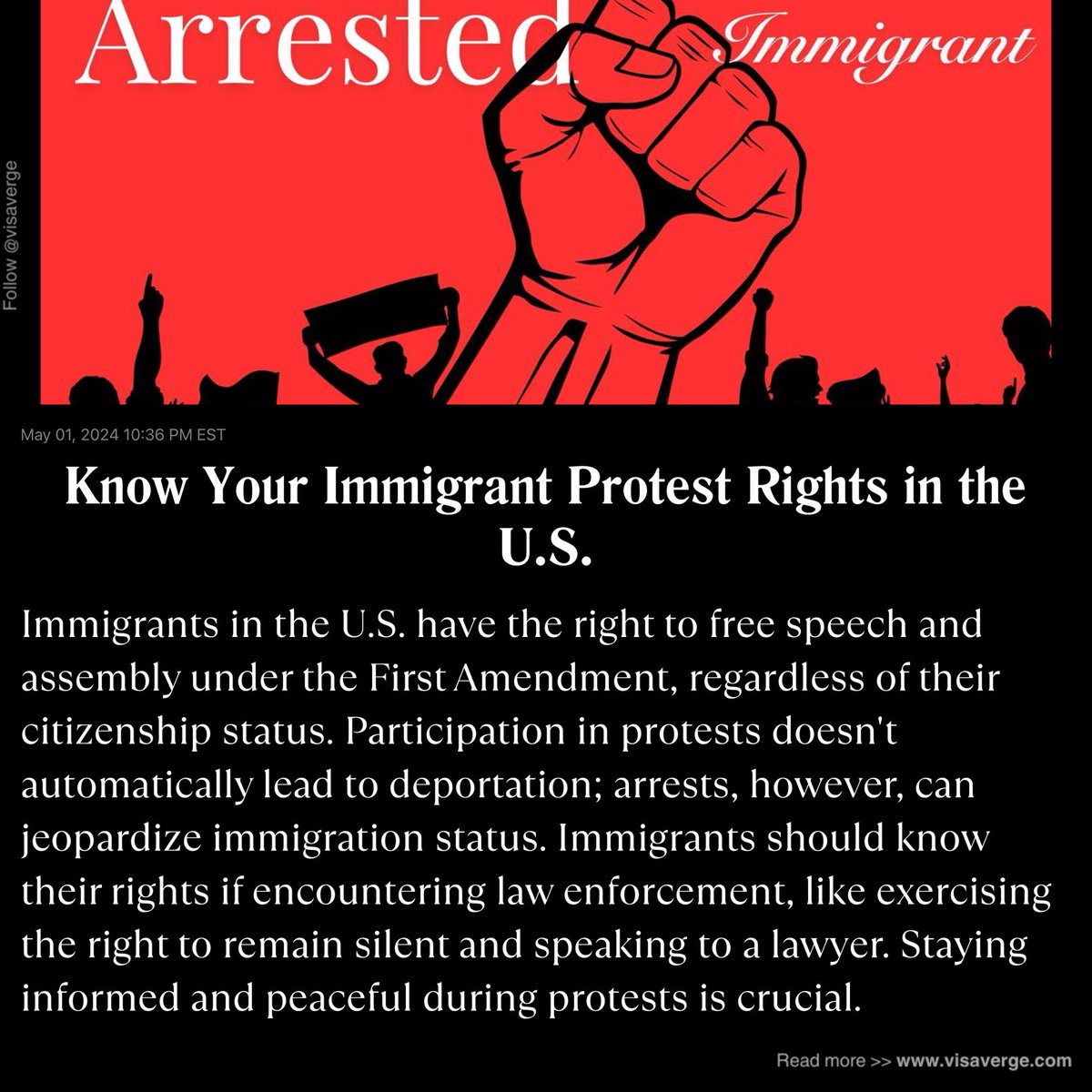 🗽✊ Understanding Your Right to Protest as an Immigrant in the U.S. 🌟 Whether you're a legal immigrant, green card holder, or international student on a visa, know your rights when attending protests in the U.S.  #ImmigrantRights #ProtestRights #VisaVerge #KnowYourRights