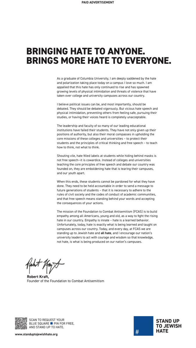 FCAS Founder Robert Kraft is sharing this message as a full-page ad in major newspapers this week across the United States to address ongoing antisemitism on college campuses. #StandUpToJewishHate #🟦