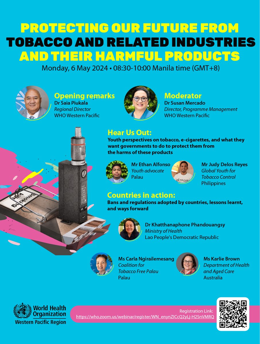 Join Judy Delos Reyes , our fellow Y4TC advocate, in an insightful webinar titled 'Protecting Our Future from Tobacco and Related Industries and Their Harmful Products' on Monday, May 6, 2024, from 8:30 to 10:00 Manila time.

#Y4TC
#ProtectChildren
#ProtectTheYouth
#WNTD2024