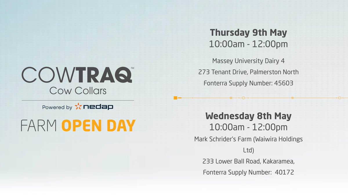 CowTRAQ Alert!

Interested in finding out how CowTRAQ collars can maximise the efficiency of your dairy farming operation? 

We are hosting two farm open days on MAY 8th/9th! 

 DON’T MISS OUT!
#precisonfarming #cowcollars #dairyinnovation #farmopenday #comeseeus